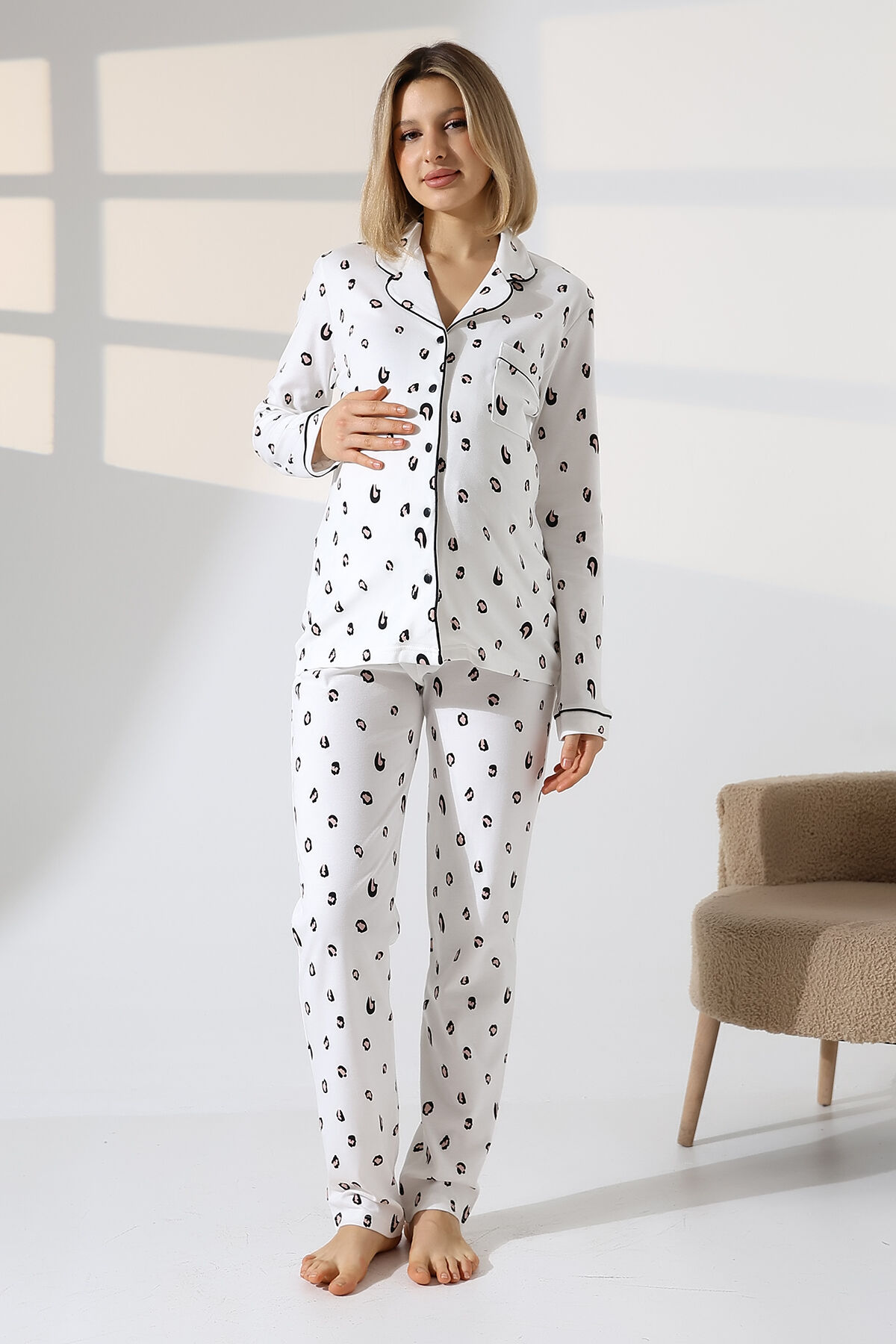 Likapa İnterlok Düğmeli Hamile Lohusa Uzun Kol Pijama Takımı 1354-01 L - Leopar Benekli