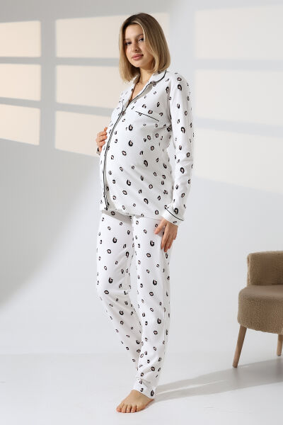 Likapa İnterlok Düğmeli Hamile Lohusa Uzun Kol Pijama Takımı 1354-01 XL - Leopar Benekli
