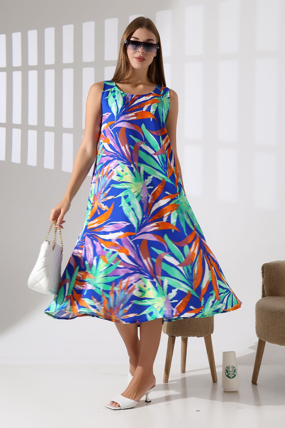 Likapa Yazlık Askılı Viskon Elbise 2691 SAX PALMİYE - 2XL