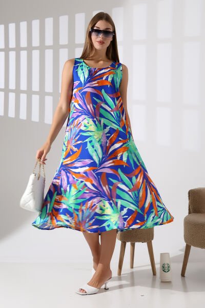Likapa Yazlık Askılı Viskon Elbise 2691 SAX PALMİYE - 2XL