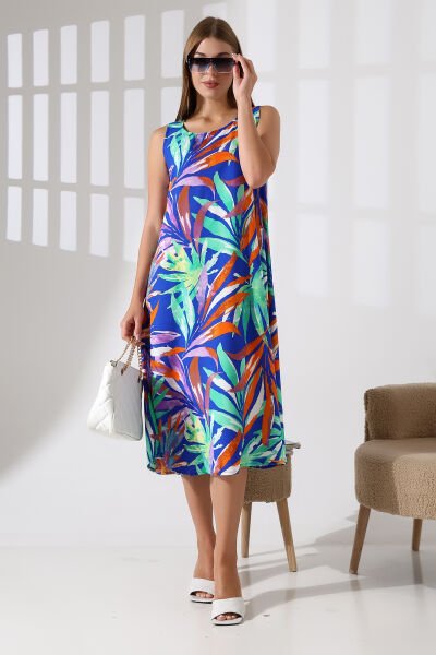 Likapa Yazlık Askılı Viskon Elbise 2691 SAX PALMİYE - 3XL