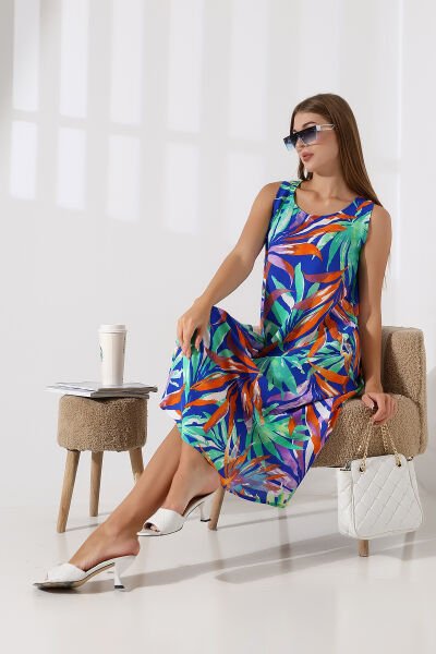 Likapa Yazlık Askılı Viskon Elbise 2691 SAX PALMİYE - 3XL