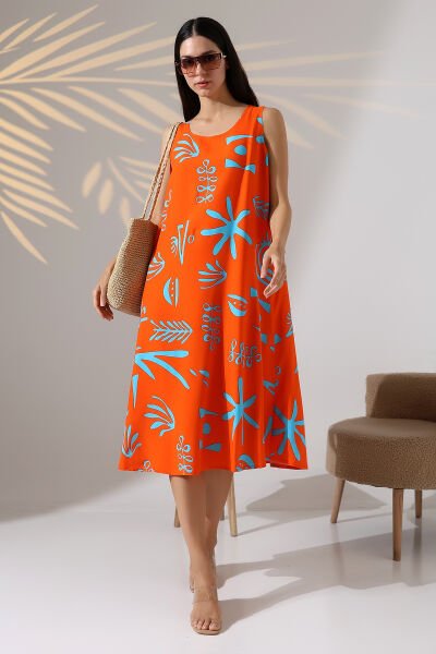 Likapa Yazlık Askılı Viskon Elbise 2691 Turuncu Otantik - 3XL