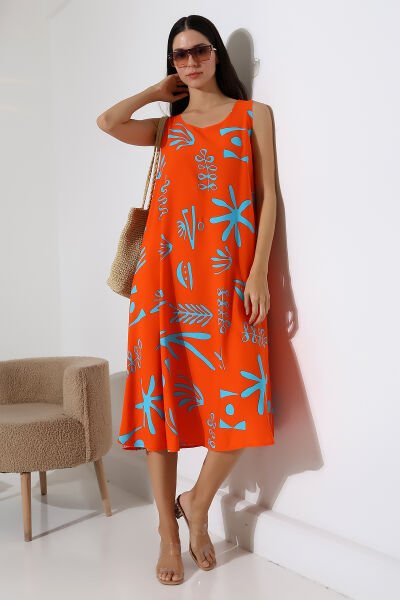 Likapa Yazlık Askılı Viskon Elbise 2691 Turuncu Otantik - 3XL