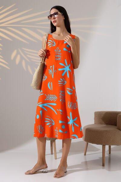 Likapa Yazlık Askılı Viskon Elbise 2691 Turuncu Otantik - 3XL