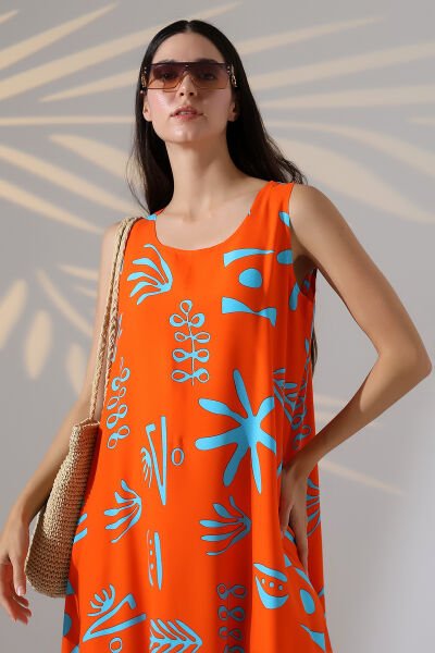 Likapa Yazlık Askılı Viskon Elbise 2691 Turuncu Otantik - 3XL