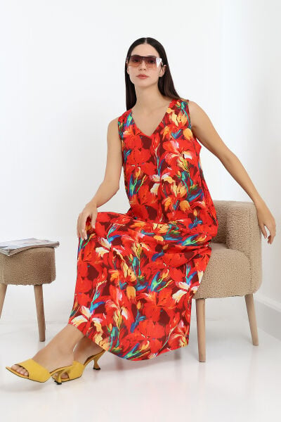 LİKAPASHOP KOLSUZ UZUN ELBİSE MAVİ ÇİÇEK - XL