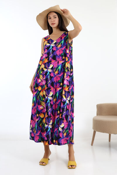 LİKAPASHOP KOLSUZ UZUN ELBİSE YEŞİL ÇİÇEK - 3XL