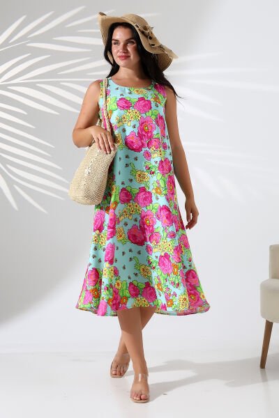 Likapa Yazlık Askılı Viskon Elbise 2691 pembe sarı çiçek - 2XL