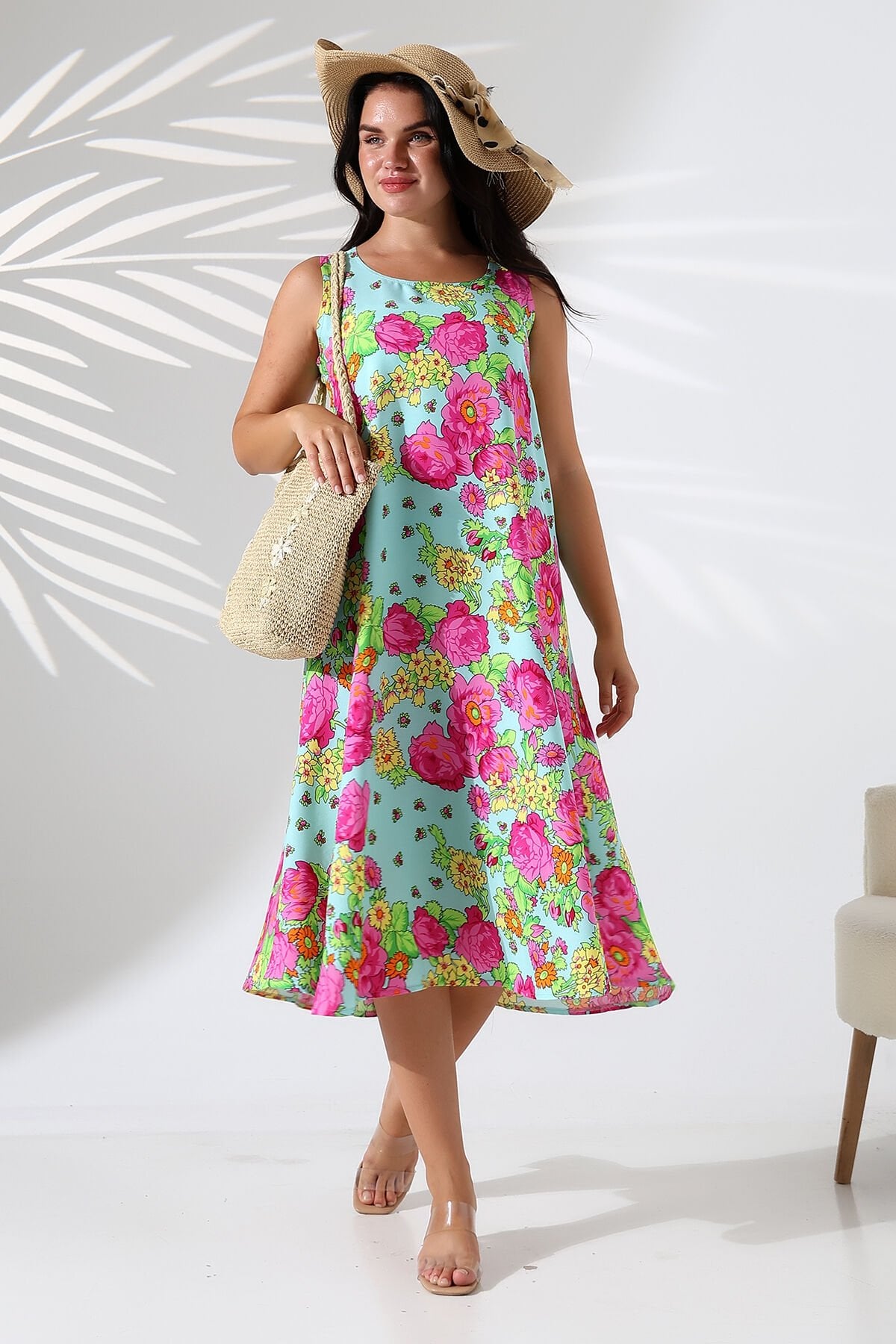 Likapa Yazlık Askılı Viskon Elbise 2691 pembe sarı çiçek - 3XL