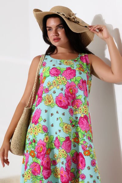 Likapa Yazlık Askılı Viskon Elbise 2691 pembe sarı çiçek - 3XL