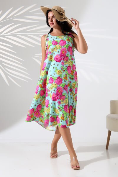 Likapa Yazlık Askılı Viskon Elbise 2691 pembe sarı çiçek - 3XL