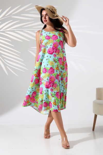 Likapa Yazlık Askılı Viskon Elbise 2691 pembe sarı çiçek - 3XL