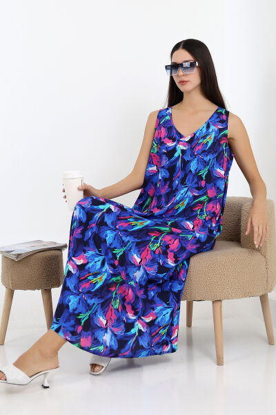 LİKAPASHOP KOLSUZ UZUN ELBİSE MAVİ ÇİÇEK - XL