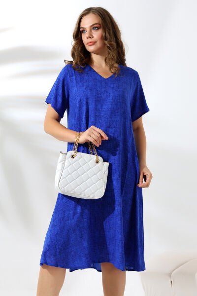 Likapa Yazlık Büyük Beden Viskon  V Yaka Kısa Kol Elbise 2688 LACİVERT - S