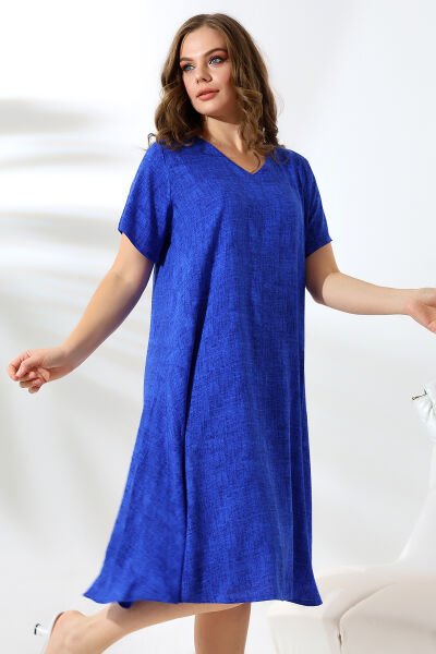 Likapa Yazlık Büyük Beden Viskon  V Yaka Kısa Kol Elbise 2688 LACİVERT - 2XL