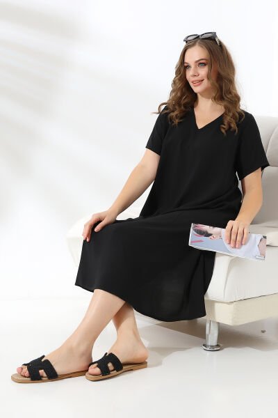 Likapa Yazlık Büyük Beden Viskon  V Yaka Kısa Kol Elbise 2688 S - DÜZ SİYAH