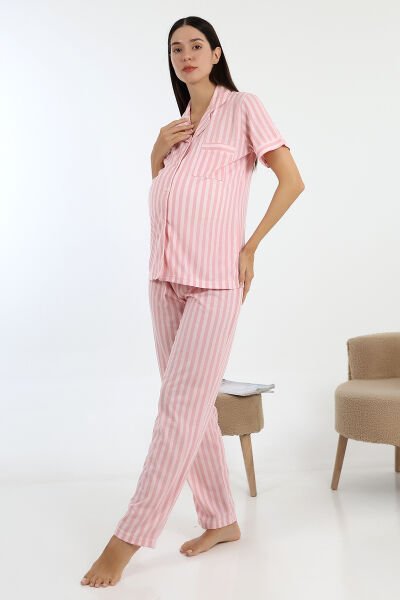 Likapa Önden Düğmeli Hamile Lohusa KISA KOL PİJAMA TAKIMI açık pembe çizgili - 3XL