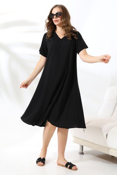 Likapa Yazlık Büyük Beden Viskon  V Yaka Kısa Kol Elbise 2688 L - DÜZ SİYAH
