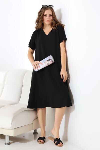 Likapa Yazlık Büyük Beden Viskon  V Yaka Kısa Kol Elbise 2688 L - DÜZ SİYAH