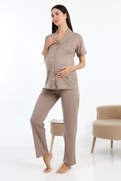 Likapa Önden Düğmeli Hamile Lohusa KISA KOL PİJAMA TAKIMI kahve pembe puanlı - 3XL