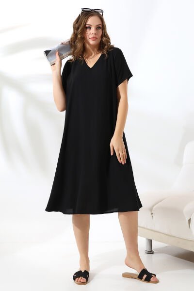 Likapa Yazlık Büyük Beden Viskon  V Yaka Kısa Kol Elbise 2688 2XL - DÜZ SİYAH