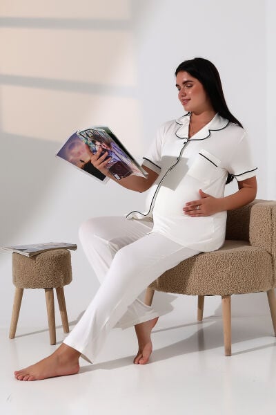 Likapa Önden Düğmeli Hamile Lohusa KISA KOL PİJAMA TAKIMI EKRU - SİYAH BİYELİ - XL