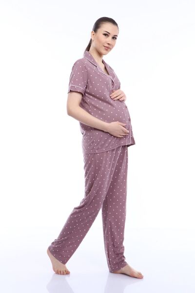 Likapa Penye Önden Düğmeli Hamile Lohusa KISA KOL PİJAMA TAKIMI ,%100 Cotton Kahve Puan - S