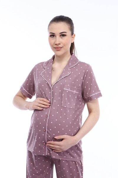 Likapa Penye Önden Düğmeli Hamile Lohusa KISA KOL PİJAMA TAKIMI ,%100 Cotton Kahve Puan - M