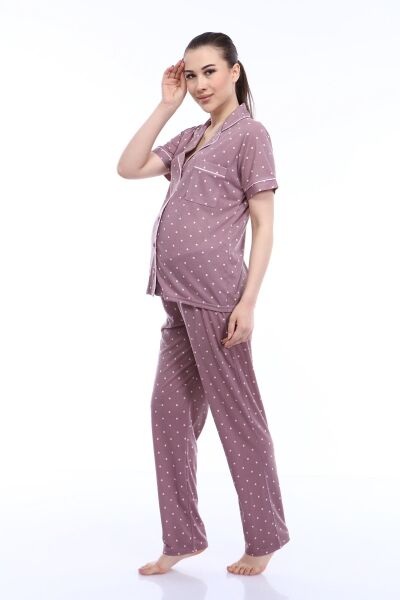 Likapa Penye Önden Düğmeli Hamile Lohusa KISA KOL PİJAMA TAKIMI ,%100 Cotton Kahve Puan - M