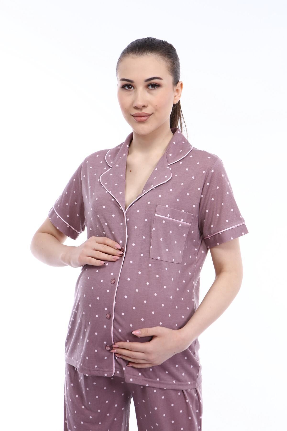 Likapa Penye Önden Düğmeli Hamile Lohusa KISA KOL PİJAMA TAKIMI ,%100 Cotton Kahve Puan - L