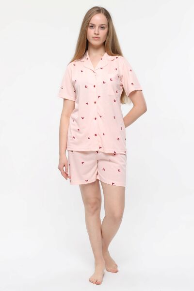 LİKAPA Penye Önden Düğmeli Kısa Kol Şortlu Takımı BORDO KALP - M