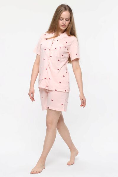 LİKAPA Penye Önden Düğmeli Kısa Kol Şortlu Takımı BORDO KALP - M