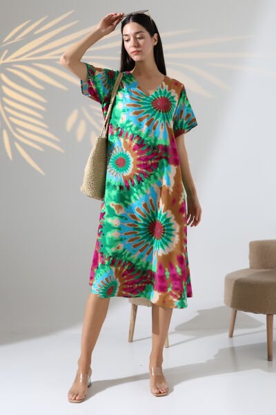 Likapa Yazlık Büyük Beden Viskon  V Yaka Kısa Kol Elbise 2688 BATİK DESEN - L