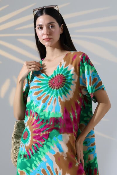 Likapa Yazlık Büyük Beden Viskon  V Yaka Kısa Kol Elbise 2688 BATİK DESEN - XL