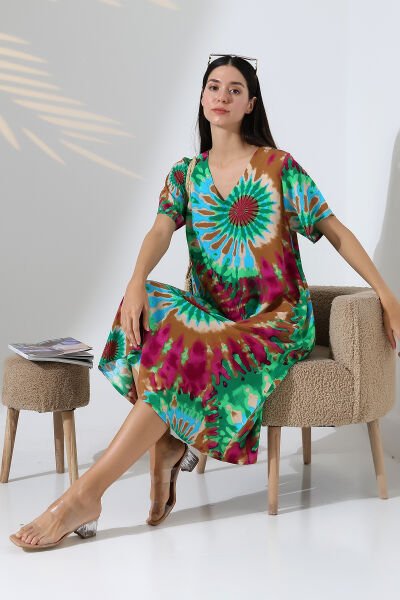 Likapa Yazlık Büyük Beden Viskon  V Yaka Kısa Kol Elbise 2688 BATİK DESEN - XL
