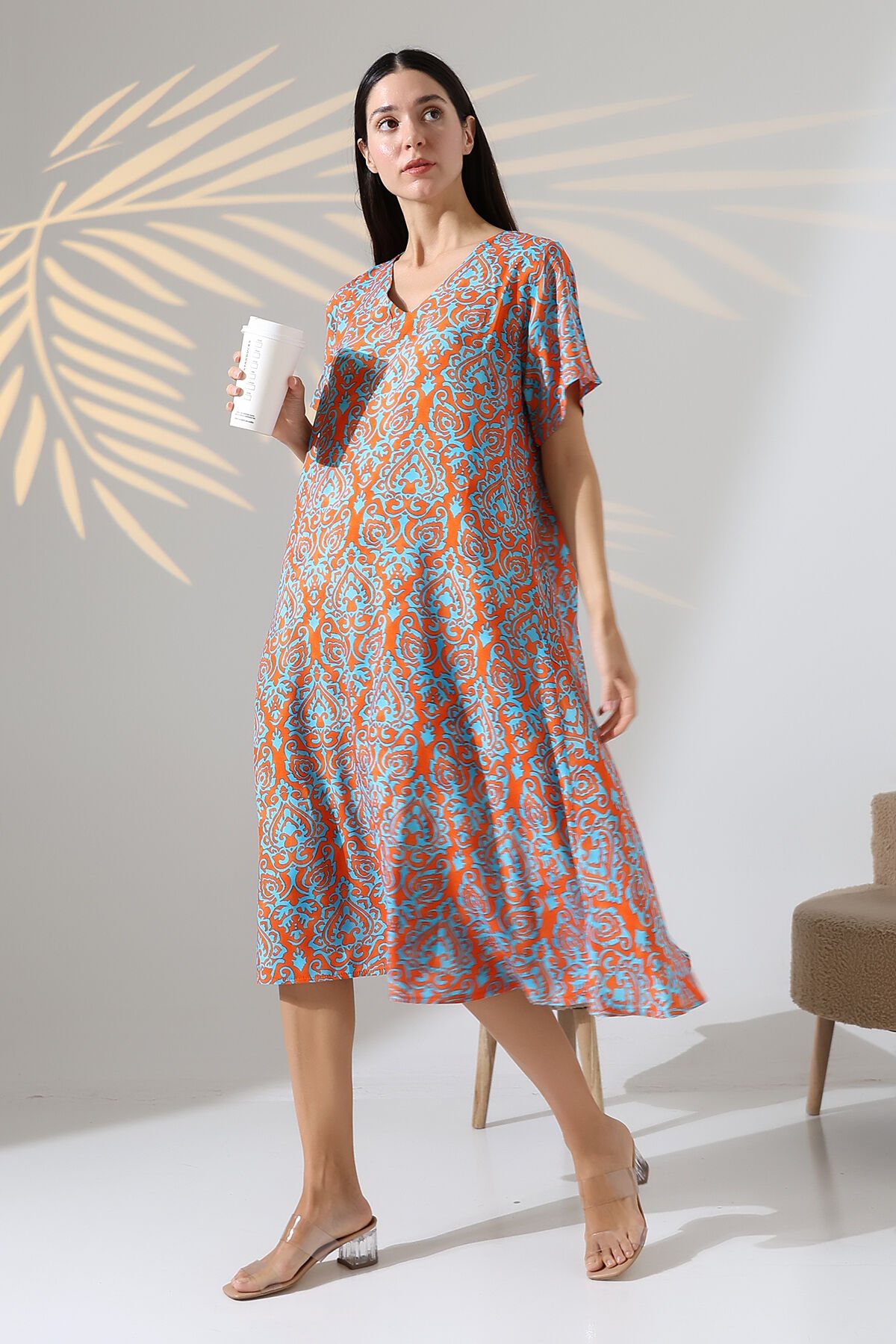 Likapa Yazlık Büyük Beden Viskon  V Yaka Kısa Kol Elbise 2688 Turuncu Şal Desen - M