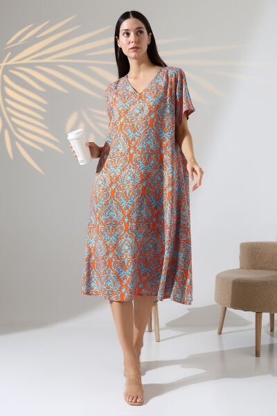 Likapa Yazlık Büyük Beden Viskon  V Yaka Kısa Kol Elbise 2688 Turuncu Şal Desen - M