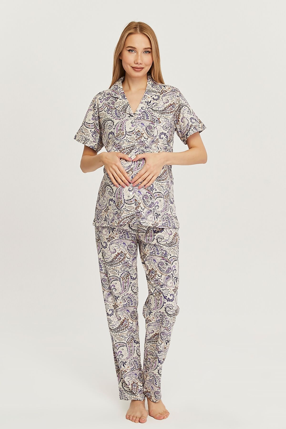 Likapa Penye Önden Düğmeli Hamile Lohusa KISA KOL PİJAMA TAKIMI ,%100 Cotton ŞAL DESEN - XL