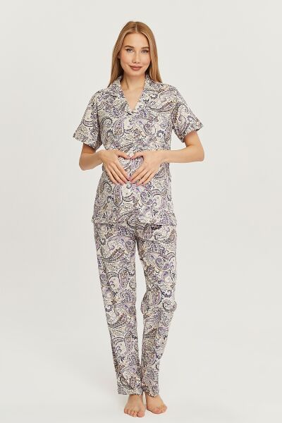 Likapa Penye Önden Düğmeli Hamile Lohusa KISA KOL PİJAMA TAKIMI ,%100 Cotton ŞAL DESEN - XL