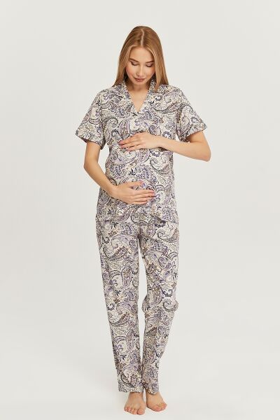 Likapa Penye Önden Düğmeli Hamile Lohusa KISA KOL PİJAMA TAKIMI ,%100 Cotton ŞAL DESEN - XL