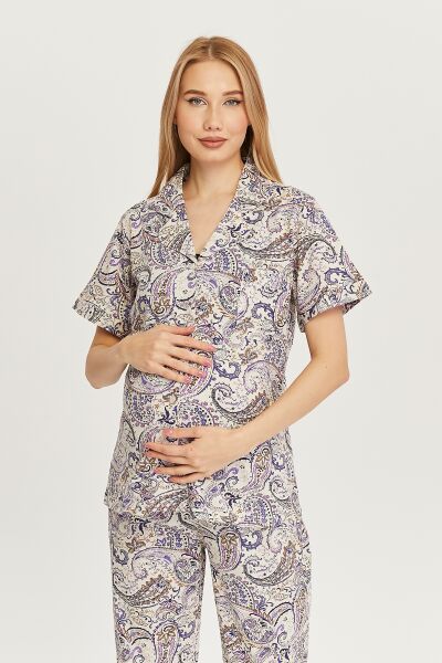 Likapa Penye Önden Düğmeli Hamile Lohusa KISA KOL PİJAMA TAKIMI ,%100 Cotton ŞAL DESEN - 2XL