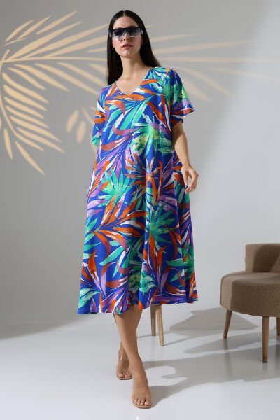 Likapa Yazlık Büyük Beden Viskon  V Yaka Kısa Kol Elbise 2688 Lacivert Palmiye - M