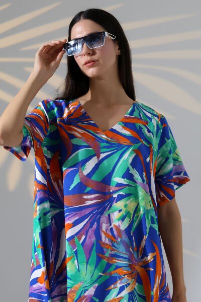 Likapa Yazlık Büyük Beden Viskon  V Yaka Kısa Kol Elbise 2688 Lacivert Palmiye - 2XL