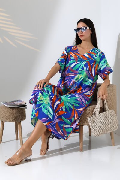 Likapa Yazlık Büyük Beden Viskon  V Yaka Kısa Kol Elbise 2688 Lacivert Palmiye - 2XL