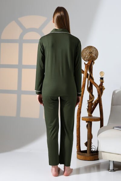 Likapa Önden Düğmeli Hamile Lohusa MEVSİMLİK UZUN KOL PİJAMA TAKIMI YESİL - M