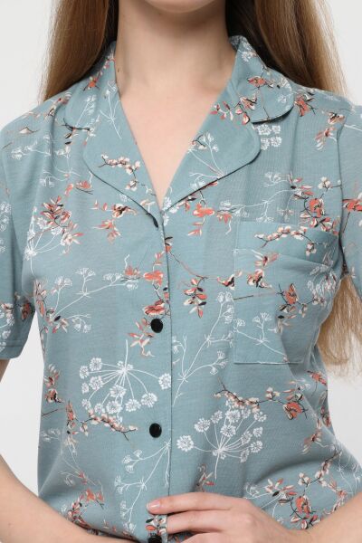 LİKAPA Penye Önden Düğmeli Kısa Kol Şortlu Takımı Koyu Mint Çiçek - 2XL