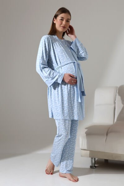 LikapaShop 3'LÜ HAMİLE PİJAMA TAKIMI MAVİ YAPRAK - XL