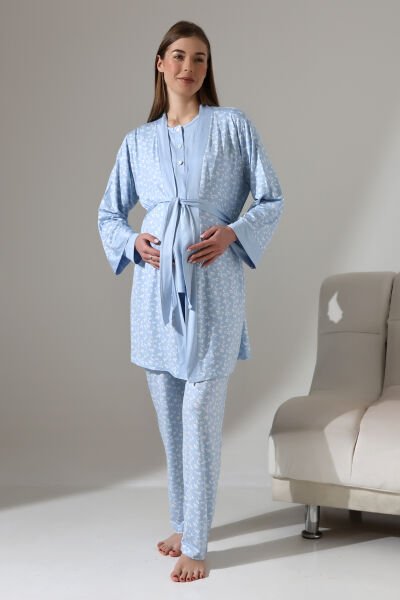 LikapaShop 3'LÜ HAMİLE PİJAMA TAKIMI MAVİ YAPRAK - 2XL