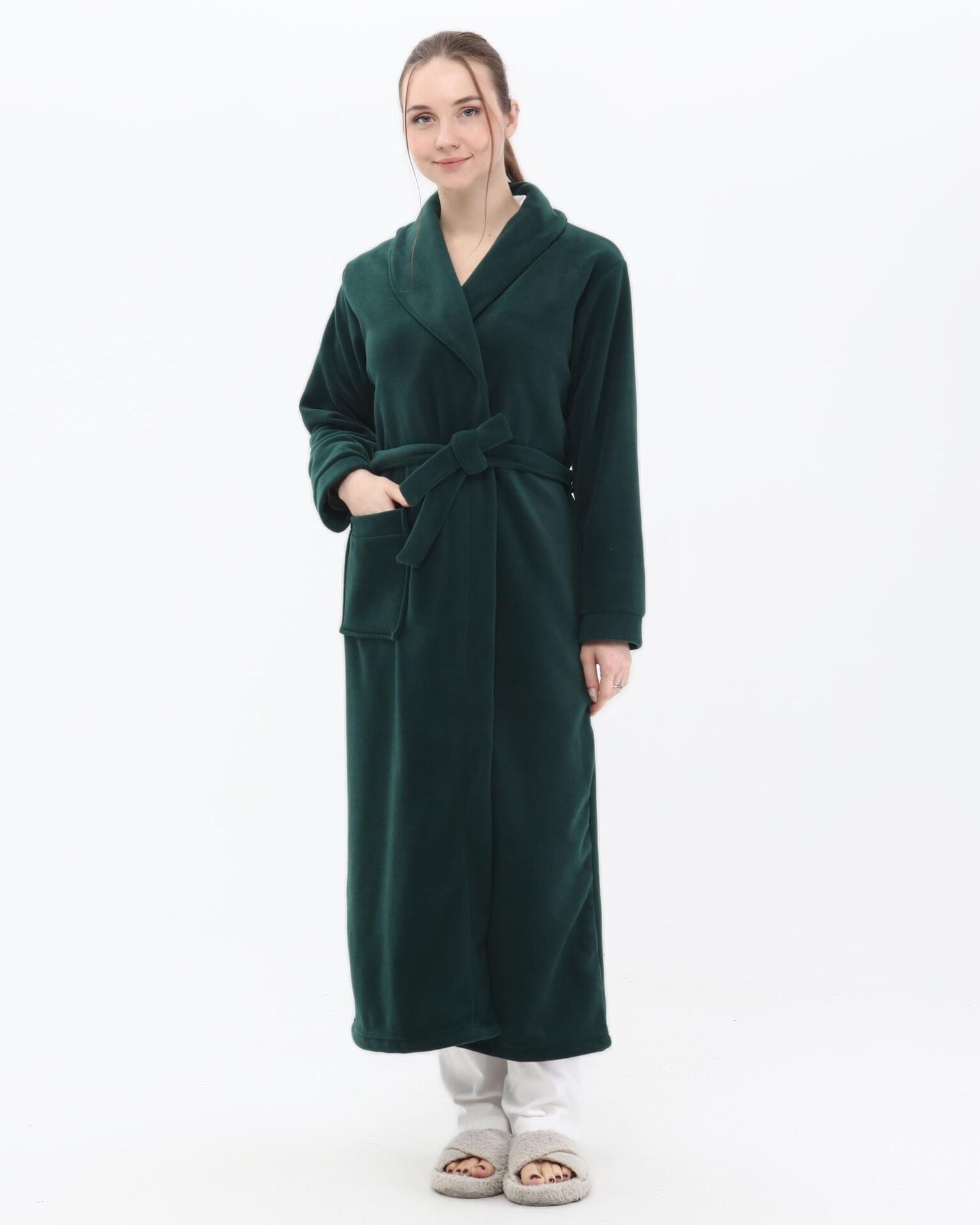 Likapa Uzun Şal Yaka Polar Sabahlık 226 XL - Koyu Yeşil